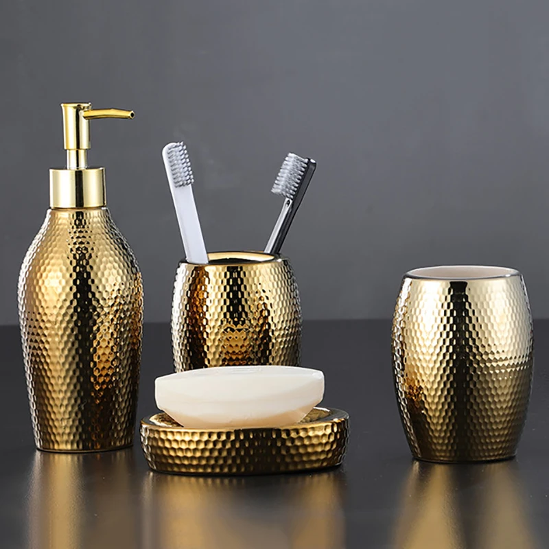 Nordic-Style Ceramics Wash Set Tooth Cup Toothbrush Holder Soap Box Lotion Bottle Gold Home Bathroom Accessories Five Piece Set