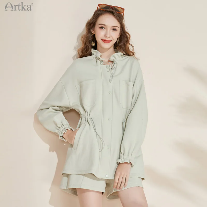 ARTKA 2021 Autumn New Women Suits Fashion Casual Ruffle Sweatshirt Coat 2 Piece Set Loose Elastic High Waist Shorts VA20013Q