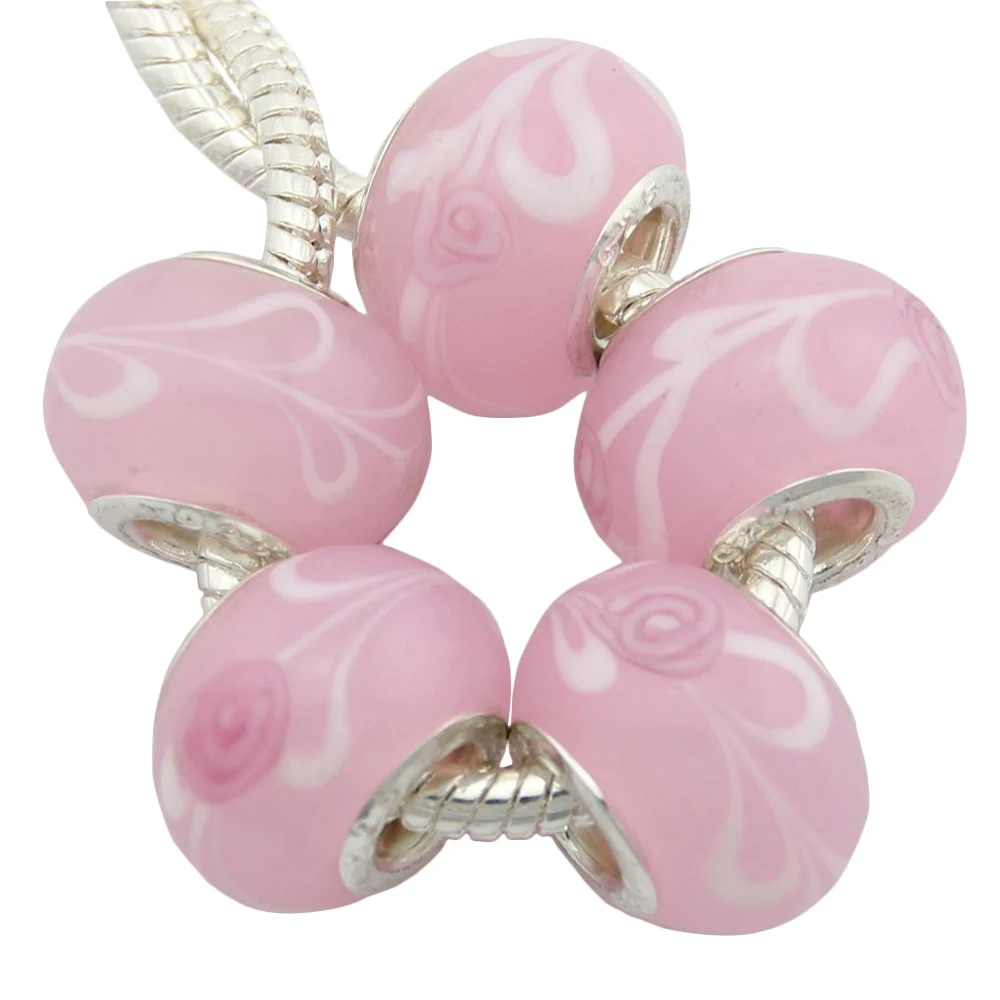 5pcs /Lot Pink Murano Glass Lampwork Beads Handmade Big Hole For European Charm Bracelets & Bangles Jewelry DIY G8