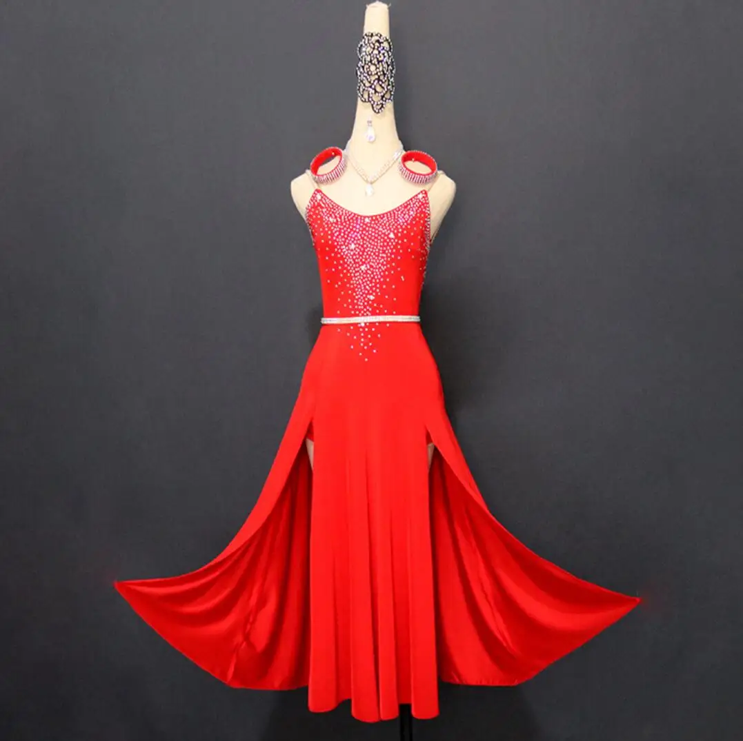 

long red Latin competition dress rhinestone crystal latin competition dress pasodoble dress QYW07