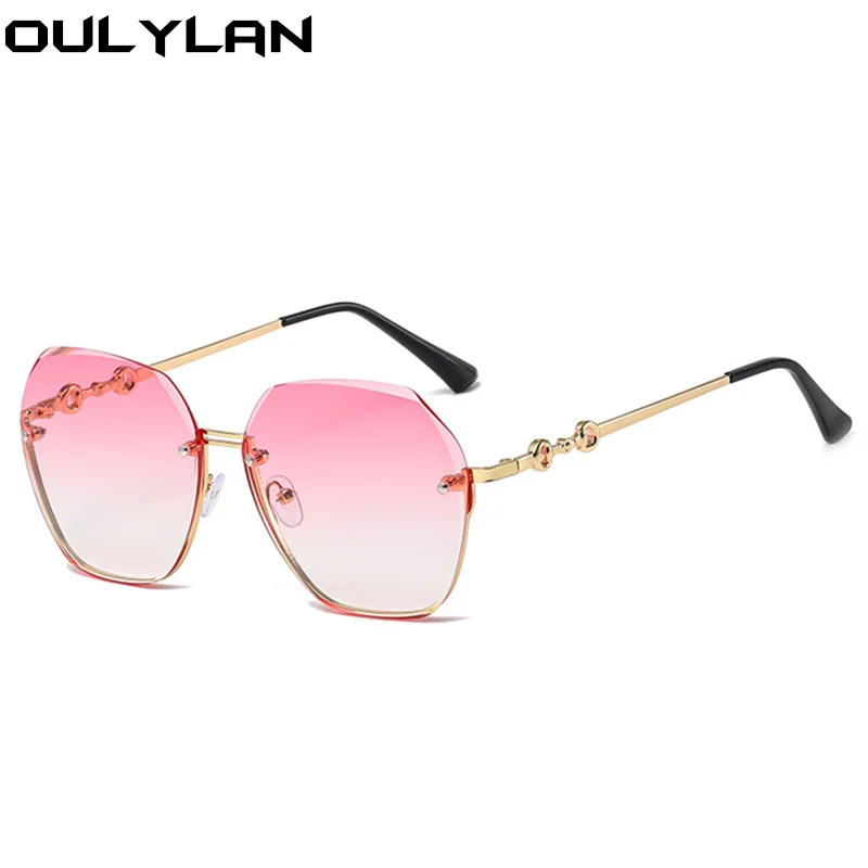 Oulylan Trimming Rimless Sunglasses Women Fashion Irregular Gradient Pink Sun Glasses Ladies Oversized Shades Eyewear UV400 