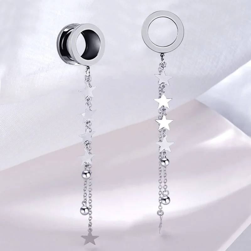 2 PCS Stainless Steel Ear Plugs Tunnels Stars Dangle Chain Ear Gauges Flesh Body Piercing Ear Expansions Ear Reamer 4-25mm