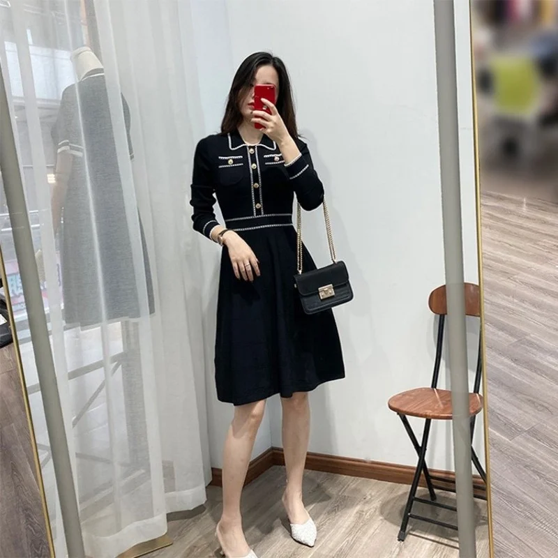 Vintage Elegant A-Line Dress Autumn Winter Long Sleeve Knitting Pleated Dress Fashion Office Lady High Waist Pullover Mid Dress