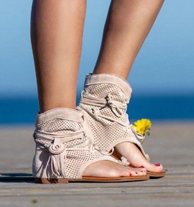 Retro Tassel Sandals For Woman Summer Boho Flat Shoes Ladies Lace Up Beach Shoes Sandalias Mujer 2020 Women\'s Shoes 698