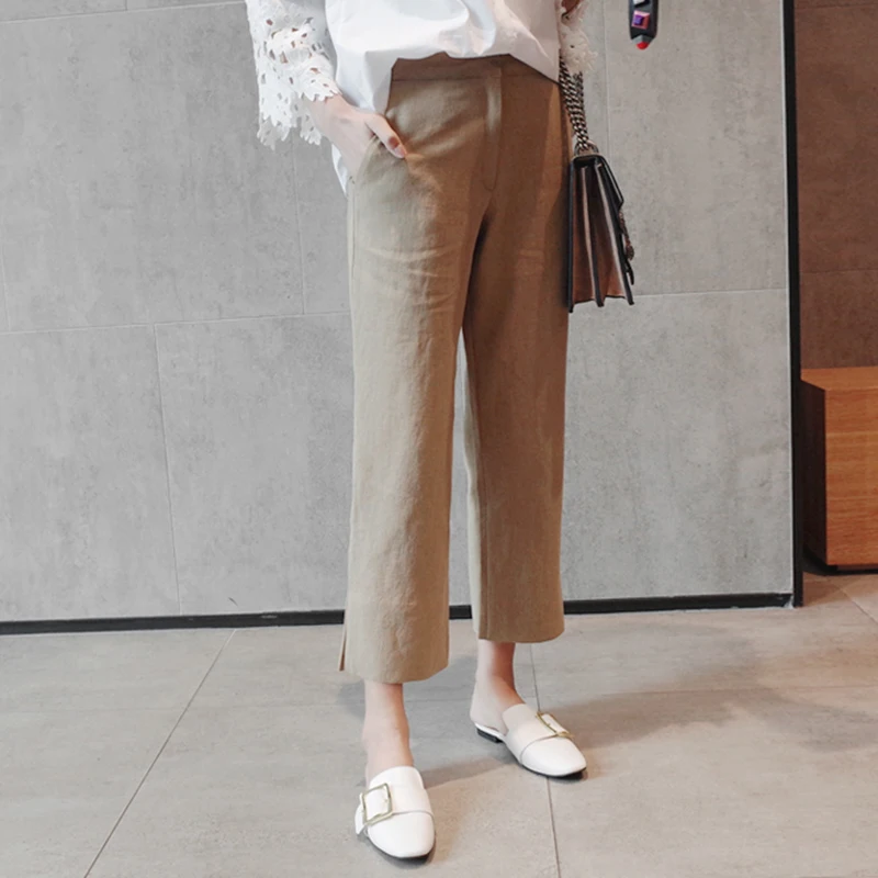 Women\'s Cotton Linen Trousers Loose Wide Leg High Waist Pants Lady Office Casual Female Calf Length Pant Summer 2024