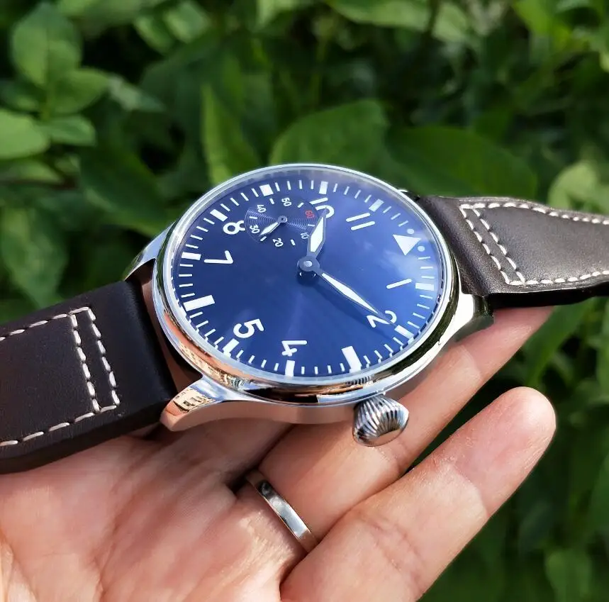 44mm Pilot not have logo Mechanical Hand Wind Men\'s Watch blue dial Mineral Glass/Sapphire Seagull st3600-2 movement G039