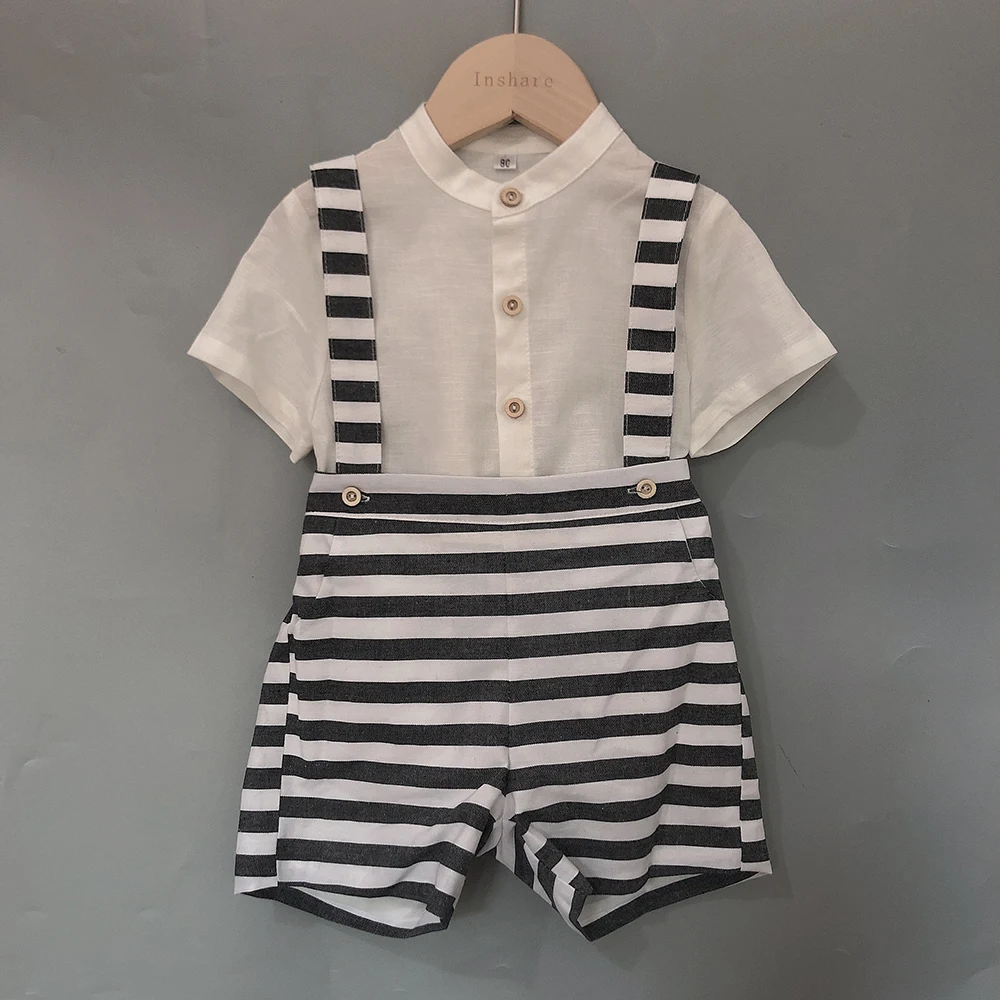 Children Boutique Clothing Set Custom Black White Striped Cotton and Linen For Boys Girls Spanish Sister Brother Fashion Clothes