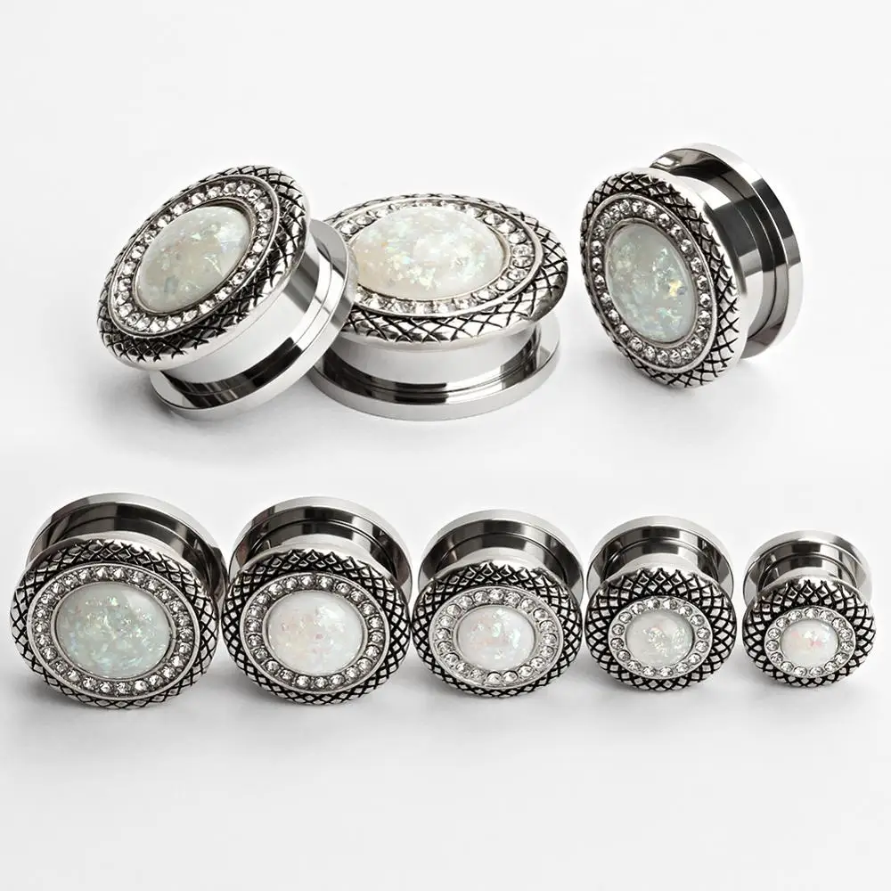KUBOOZ Fashion Stainless Steel White Opal Border Ear Piercing Tunnels Plugs Gauges Body Jewelry Ear Expanders Stretchers 2PCS