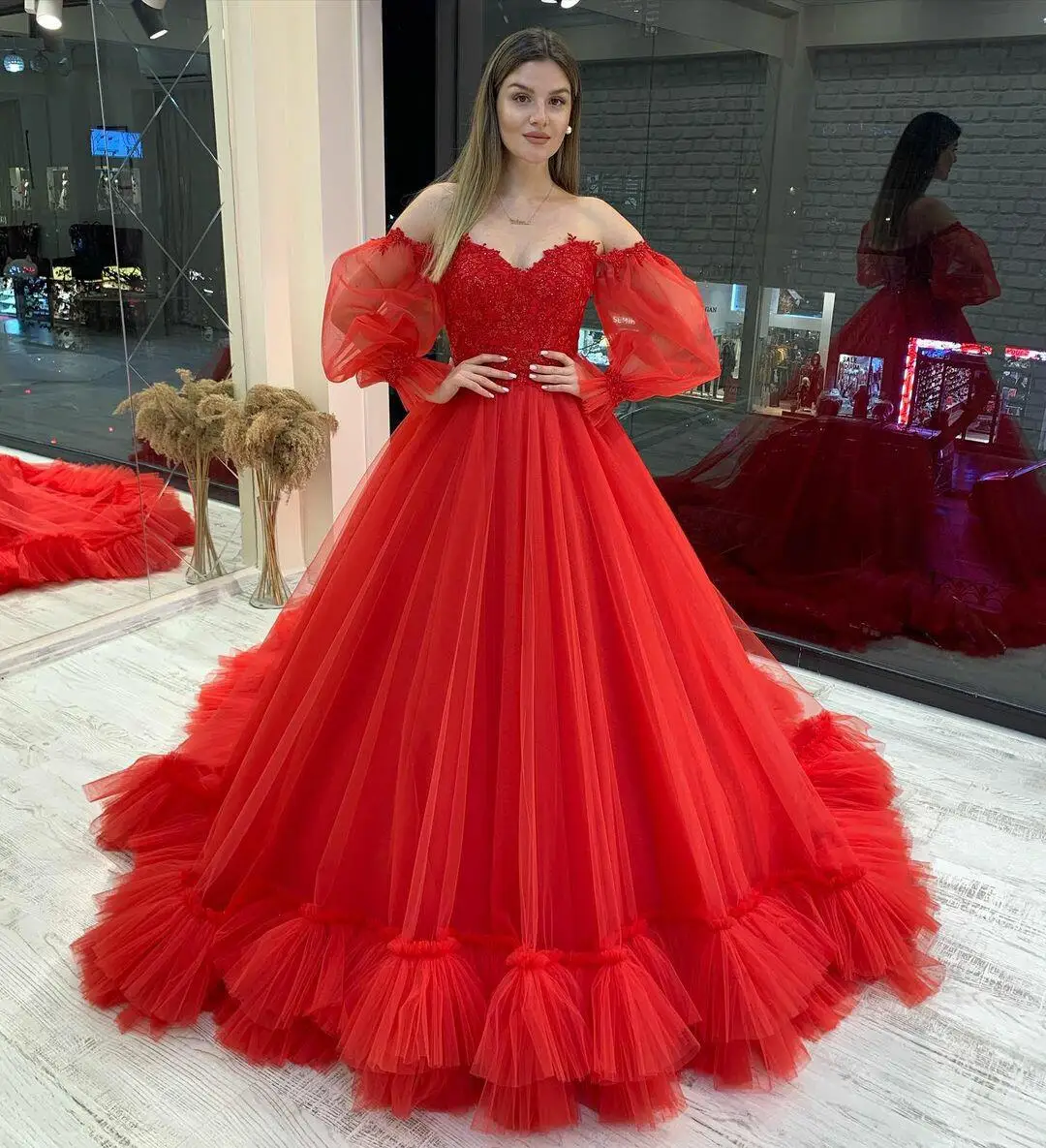 Elegant Red Prom Dresses Long Vestidos Puffy Sleeve Tulle Backless Formal Evening Party Gowns Beauty Pageant Dresses 2022 платье