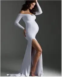 New White Sexy Shoulderless Maternity Dresses For Photo Shoot Split Side Women Pregnant Photography Props Long Pregnancy Dress