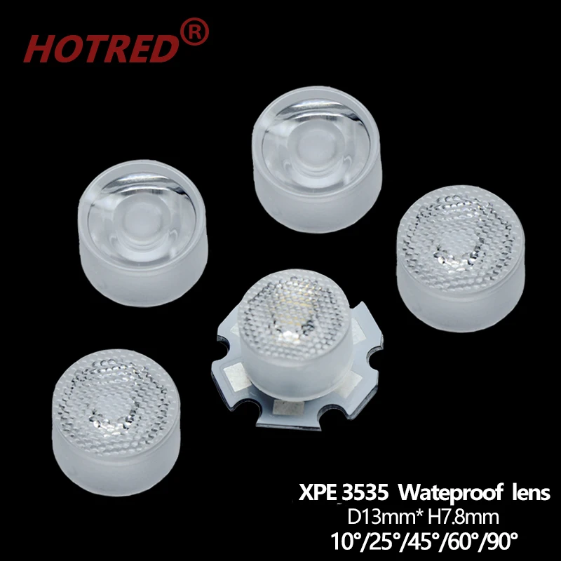 100 szt. 13mm 1W 3W 5W 3535 obiektyw LED XPE wodoodporny 10 25 45 60 90 stopni SMD 3535 3030 XPE2 XPG2 XTE Plano reflektor kolimator