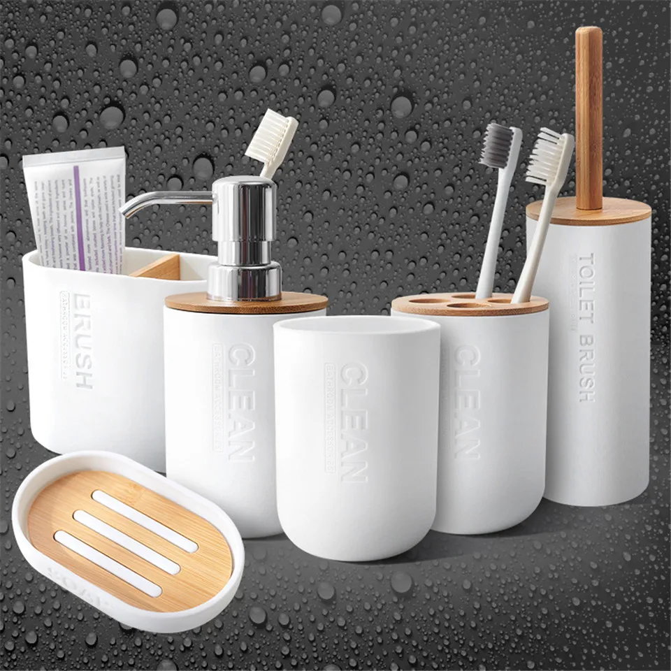 White Simple Home Bathroom Supply Bamboo Soap Dish Mouthwash Cup Toothbrush Holder Storage bottle Wash Rack Bathroom Wash Set