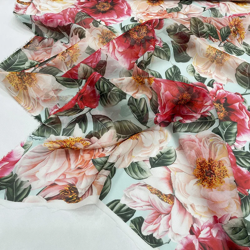 Italian Luxury Brand Letter Peony Print Fabric 100% Polyester Chiffon Fashion Design Fabrics Cloth for Dress by the Meter