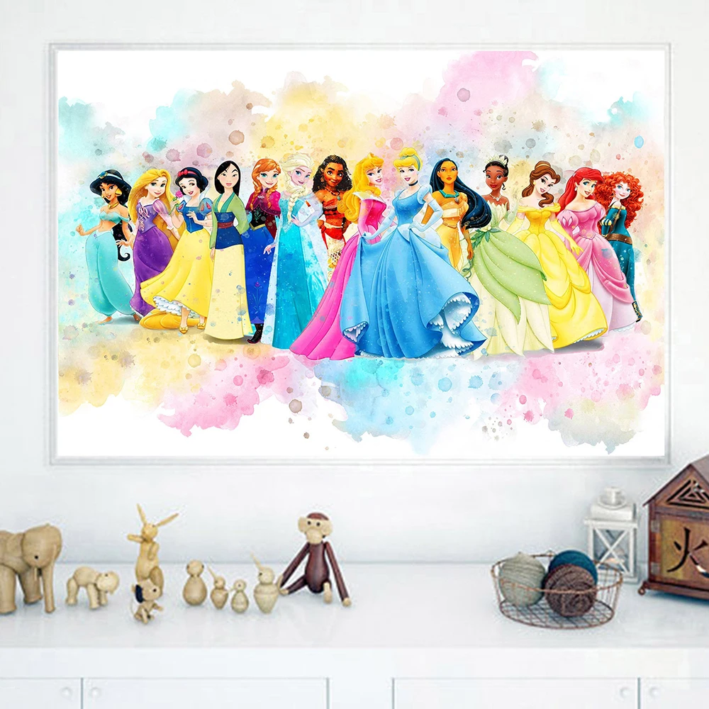 Arte de pared de dibujos animados para habitación de princesa, carteles de Princesas de Disney, impresiones, pintura en lienzo, imágenes, dormitorio