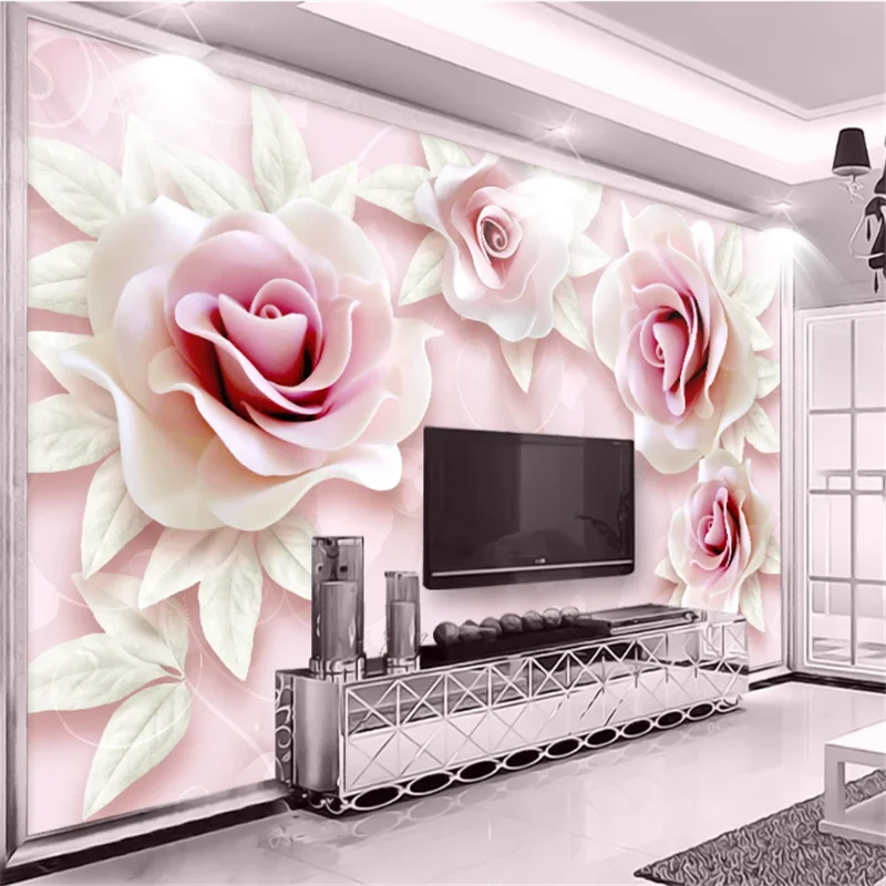 

wellyu Fresh and simple 3d embossed pink rose 3D TV backdrop custom large fresco green wallpaper papel de parede para quarto