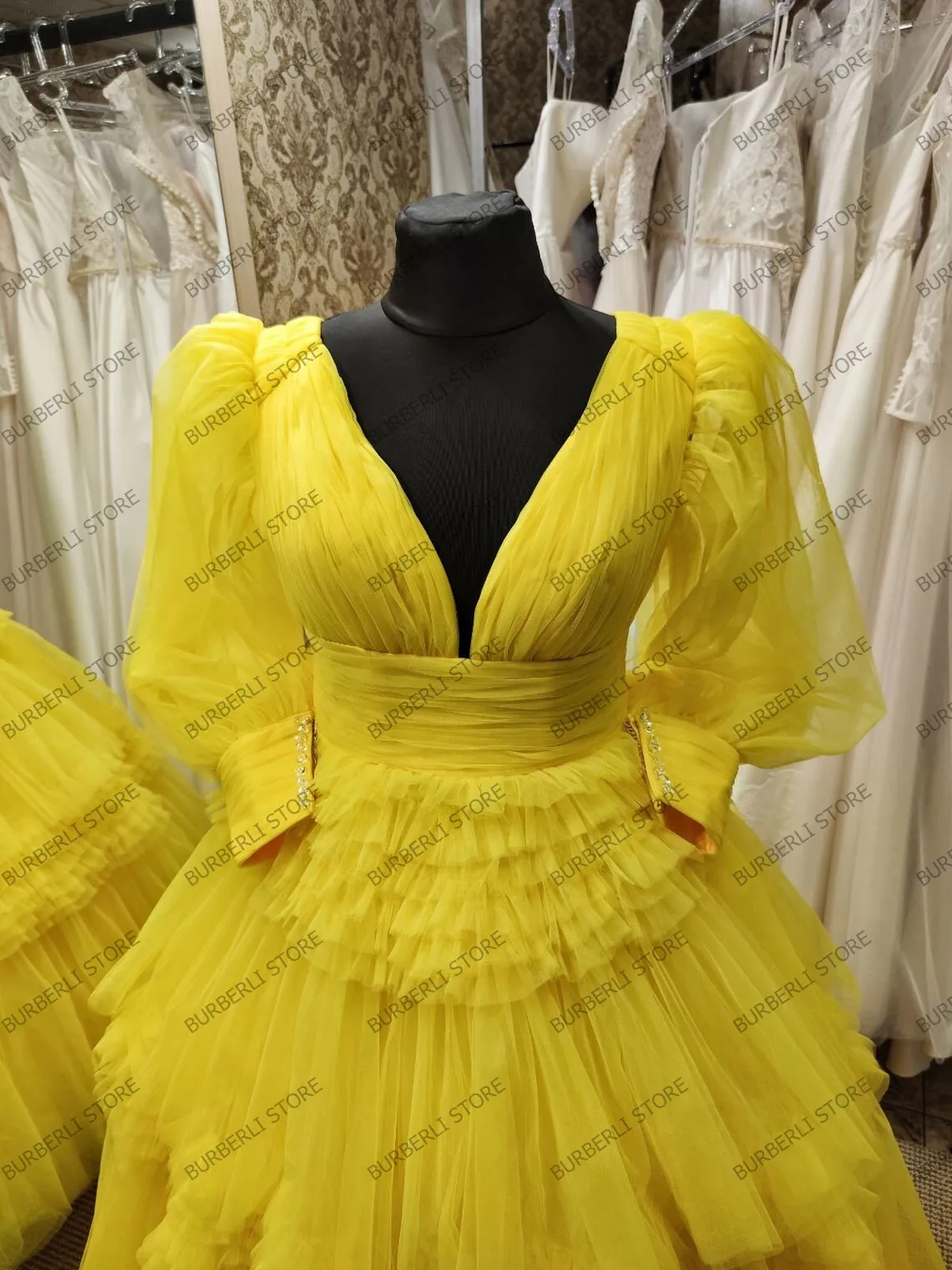 Real Image Puffy Yellow Tulle Ball Gowns Mid-Calf Elegant Ruffles Tiered Women Dress To Birthday Party V-neck Puff Long Sleeves