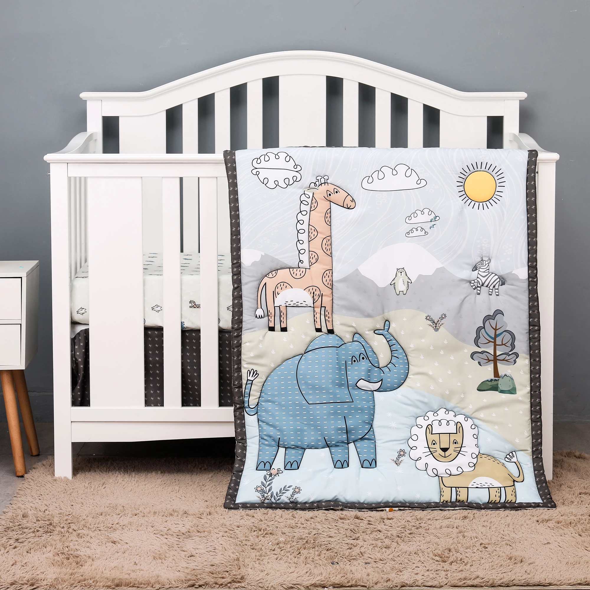 

3 pcs Baby Crib Bedding Set for boys and girls jungle design cheep and hot sale including quilt, crib sheet, crib skirt