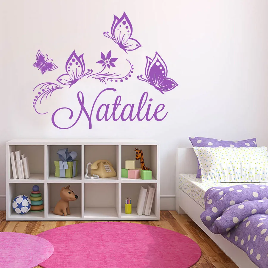 Butterflies Wall Decal Custom Name Butterfly Flower Vinyl Wall Stickers Kids Bedroom Nursery Interior Decor Art Girls Gift M411