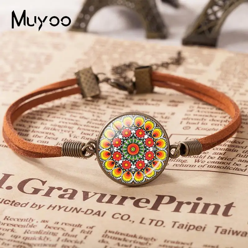 2019 New Polish Folk Art Patterns Leather Bracelet Flowers Painting Bracelets Glass Dome Cabochon Jewelry