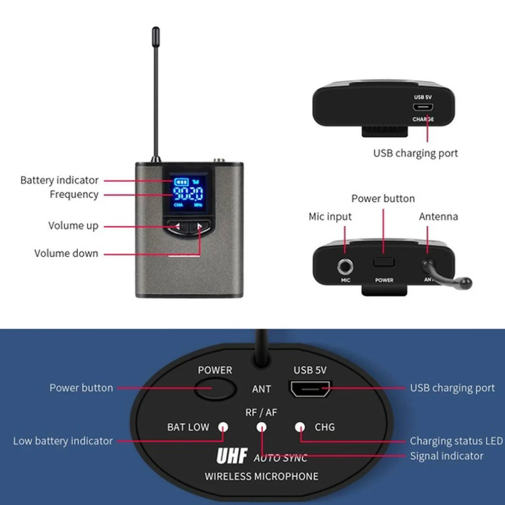 UHF Wireless Microphone Lavalier Headworn With Bodypack Transmitter Rechargeable Receiver 1/4\