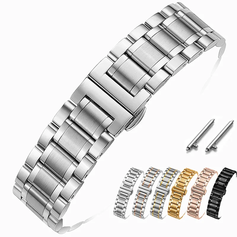 18mm 20mm 22mm Width 316L Solid Stainless Steel Band Metal Butterfly Buckle Strap Suit For 1963 Watches Watchbands