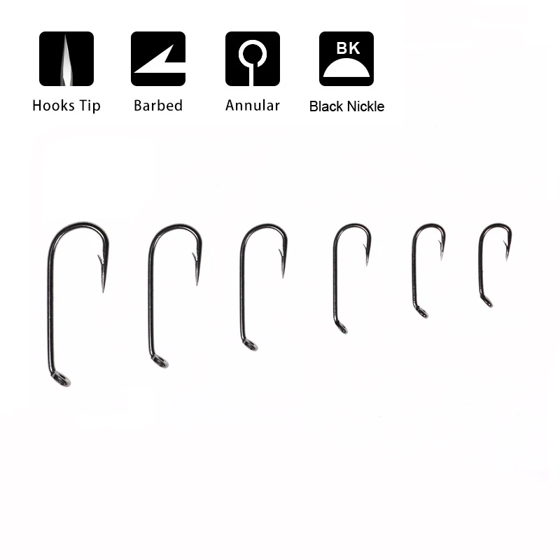 50PCS/Pack Dry Fly Tying Fish Hook for Caddis Mayfly Spinner Trout Flies Tying Fishing Hook Black Nickle Barbed Size 14 16 18 20