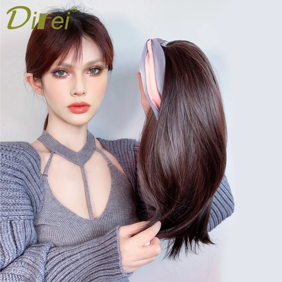 DIFEI Synthetic Headband Wigs Short Straight Natural Black Bob Wig Fit The Head Heat Resistant Fake Hair For White/Black Women