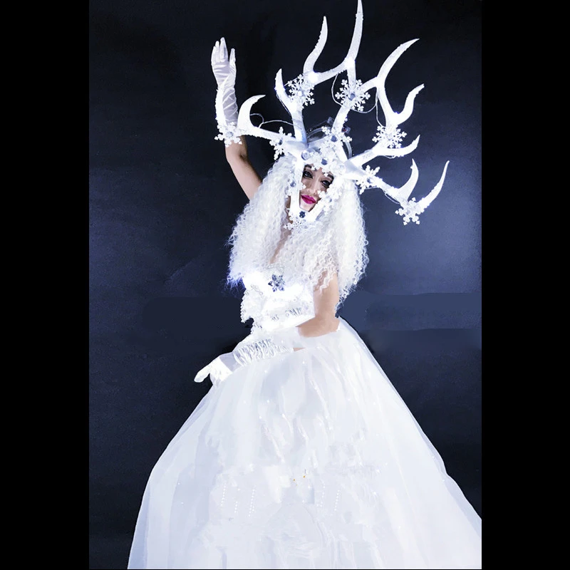 White Antlers Queen Dance costume Nightclub DS white LED headgear costumes club party girl dance wear