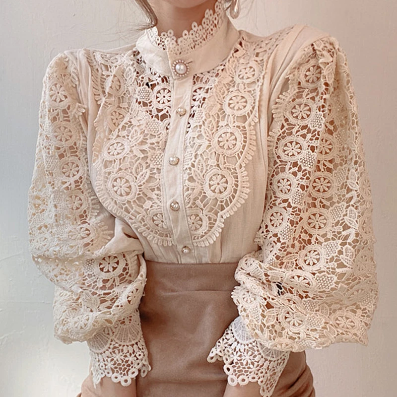 Blouses Femme Flower Hollow Out Lace Blouse Shirt Blouse Women Blusas Mujer De Moda 2024Stand Collar Tops Women Clothing D722