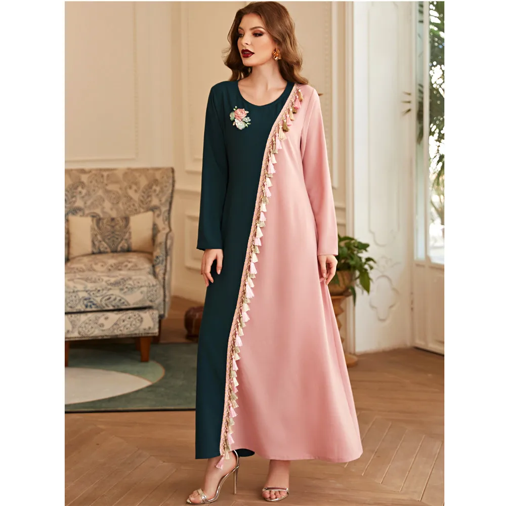 

Vintage Patchwork Abayas for Women Flower Tassel Maxi Dress Casual Muslim Dubai Abaya Kaftan Turkey Robe Islamic Jalabiya Gown