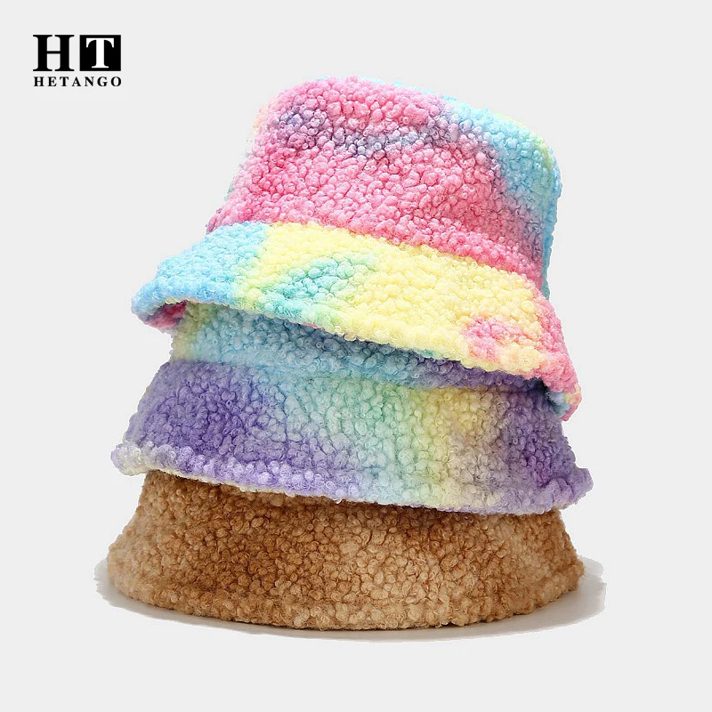 New Autumn And Winter Fisherman Hat Women Thickened Lamb Hair Tie-Dye Personality Trend Shade Outdoor Warm Wild Basin Hats