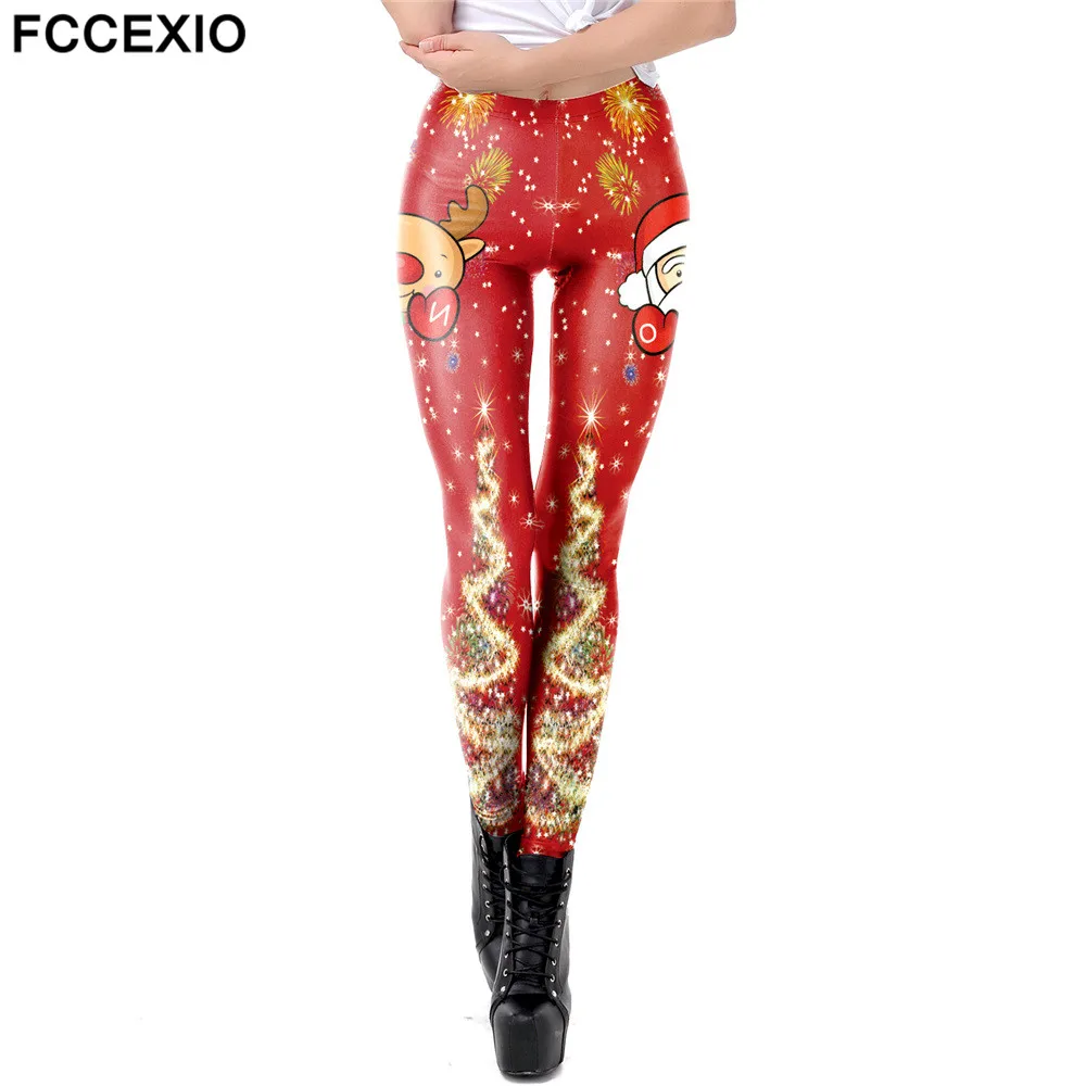 FCCEXIO-mallas de Santa Claus para mujer, Leggings brillantes de Navidad, árbol, Elk, Festival, otoño, invierno, Fitness, regalo de Navidad