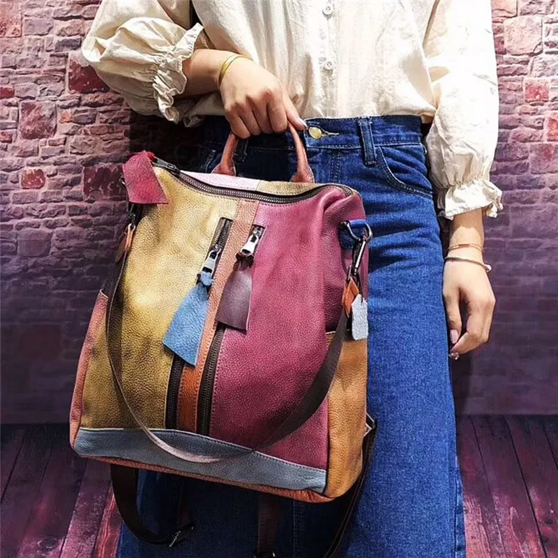 Nesitu Unique High Quality Large Capacity A4 Vintage Colorful Genuine Leather Women Backpack Female Girl Lady Shoulder Bags M521