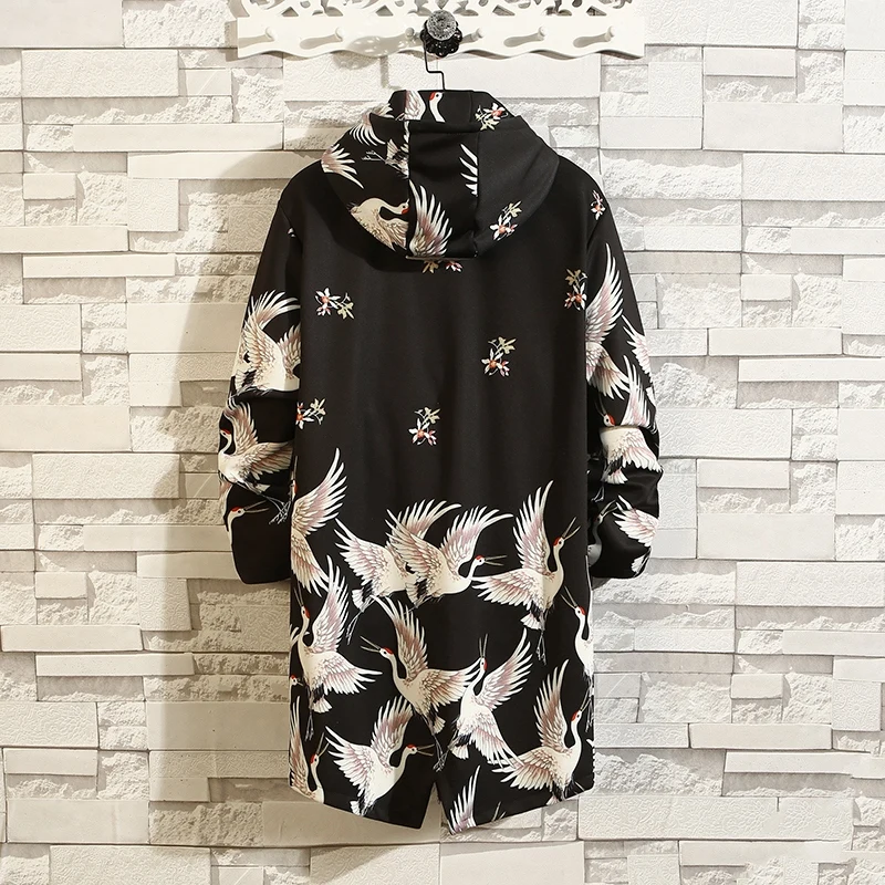 Autmn Trench Coat Men Hooded Casual Long Jacket Retro Fashion Print Animal Trench Men Dragon Streetwear Overcoat Male Youth New