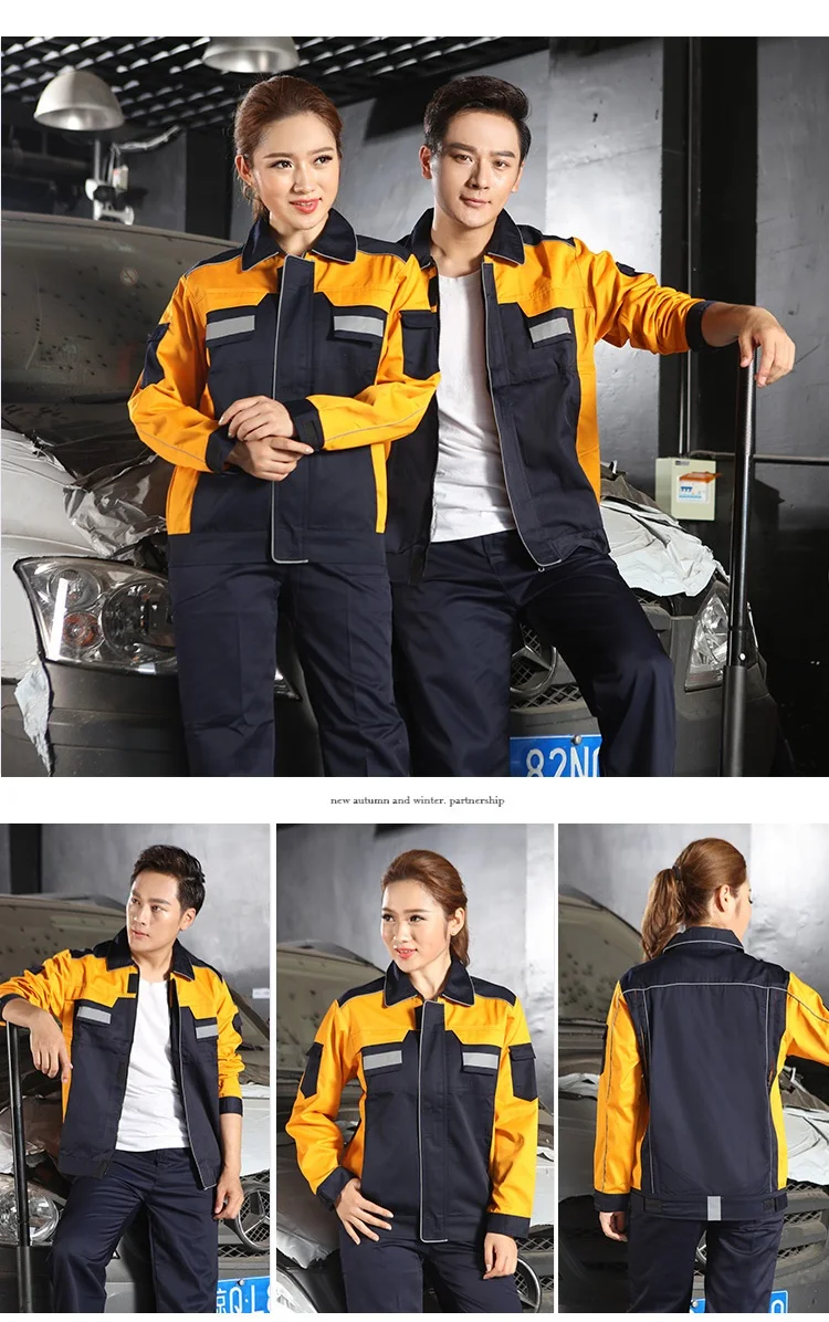 Męski i damski zestaw odzieży roboczej odblaskowej na wiosnę i jesień 2020, odporne na zużycie kombinezony, uniformy do warsztatu samochodowego i fabryki.