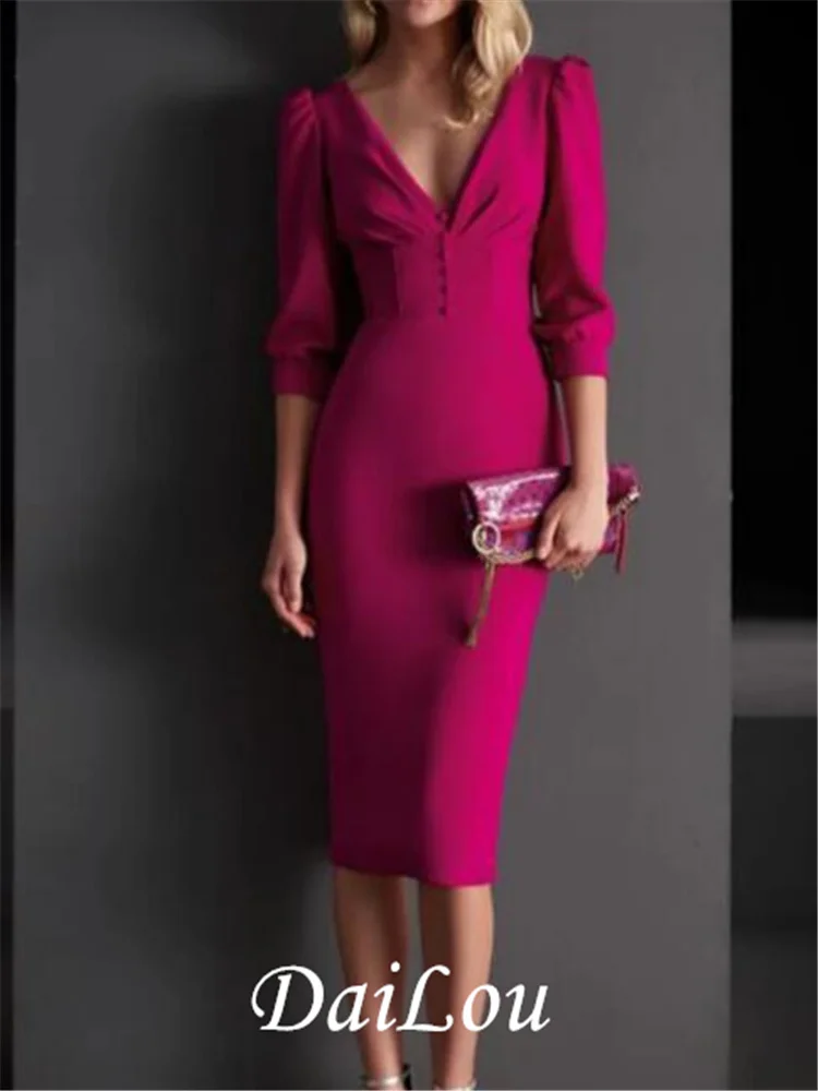 Sheath/Column Mother of the Bride Dress Elegant V Neck Knee Length Elastic Woven Satin 3/4 Length Sleeve with Buttons 2022