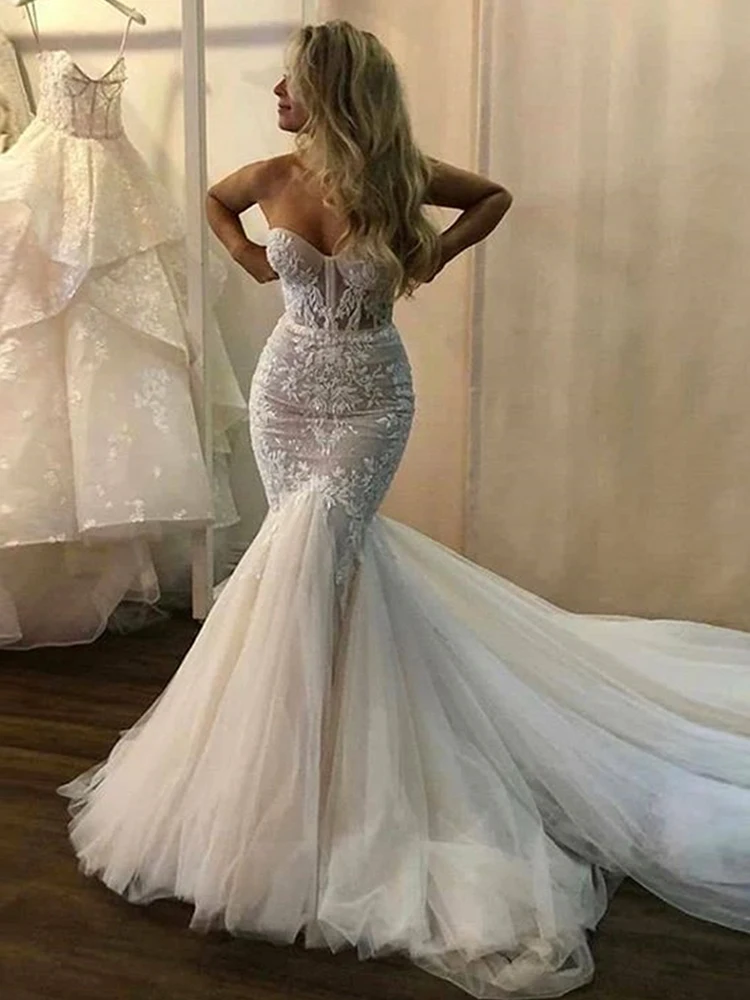 LORIE-Robe de Mariée Sirène en Dentelle, Sans Bretelles, Style Boho, Dos aux, avec Tulle Bouffant, pour Patients