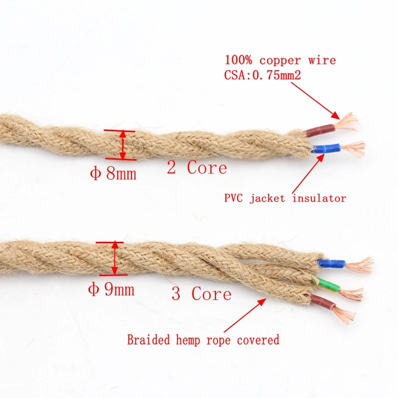 2 Core 3 Core 0.75mm2 Vintage Hemp Cord Twisted Cable Retro Lamp Cord Braided Electrical Wire For DIY Lights