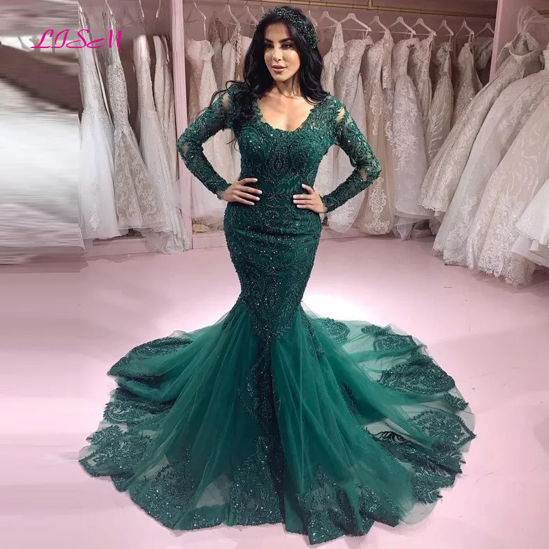 Long Sleeves Lace Mermaid Green Arabic Evening Dresses Elegant Appliques Beaded Tulle Prom Party Gowns