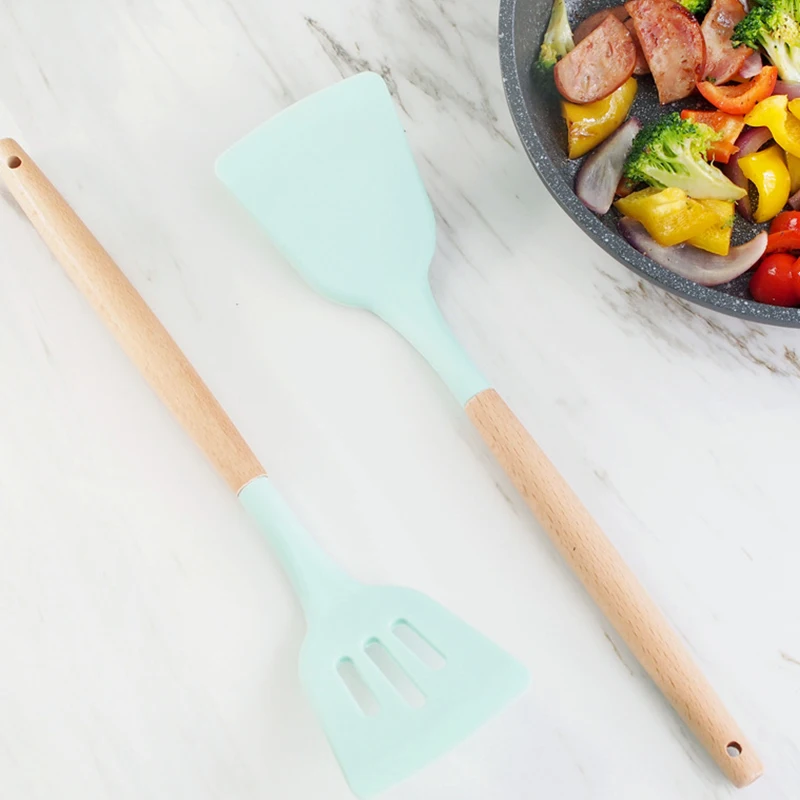 YOMDID Food Grade Silicone Kitchen Cooking Utensils Practical Cooking Tools Turner Spatula Spoon With Wooden Handle Kitchenware