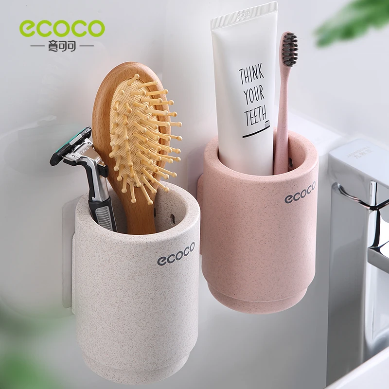 ECOCO Wall Mount Toothbrush Wash Cup Holder Magnet Toothbrush Holder Wheat Straw Healthy for Home Bathroom Accessories