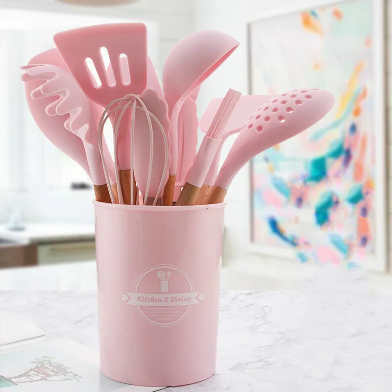 Pink Silicone Kitchen Tools Cooking Sets Soup Spoon Spatula Non-stick Shovel with Wooden Handle Special Heat-resistant Design