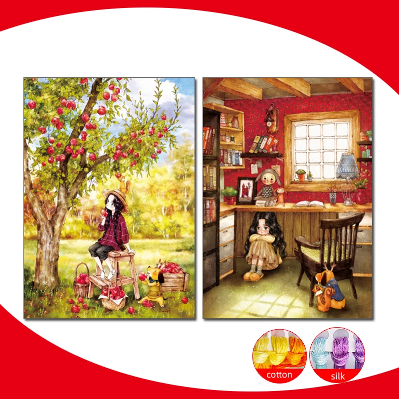 11CT Counted Cross Stitch Kit Printed Canvas Embroidery DIY For NeedleworkSad Girl and Apple Girl Cross-Stitch Handicraft Decor