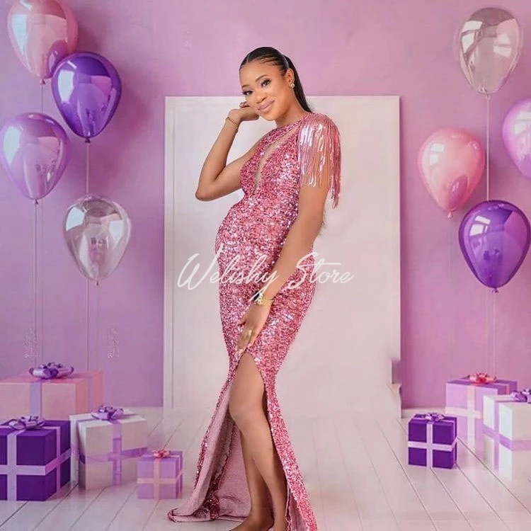 Sparkle Pink Sequins Split Mermaid Maternity Party Dresses Sexy Short Tassel Sleeve Pregnancy Photography Evening Dress Gowns