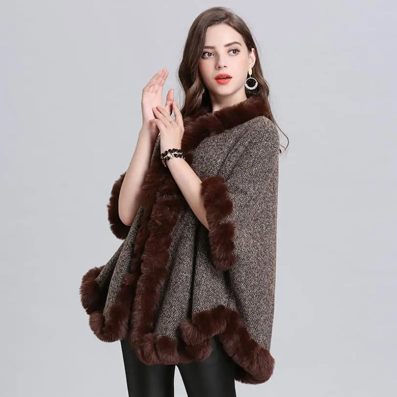 Winter Europa neue Fashon oversize lose nachahmung fuchs pelz kragen stricken mäntel weibliche fledermaus ärmel strickjacke schal mantel jacken F210