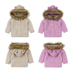 0-24M Winter Baby Boys Girls Knitted Cardigan Jackets Outfits Warm Autumn Infant Kids Fur Hooded Sweaters Long Sleeve Coat