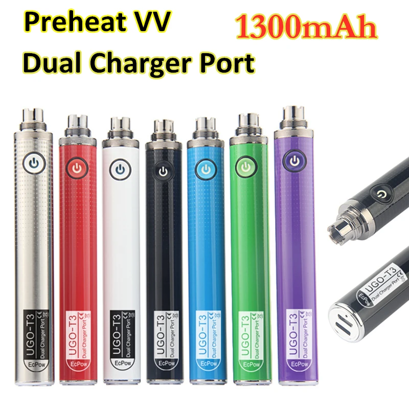 Original 1300MAh Dual USB Charger Port Baterai Preheat VV 510 Thread Vape Rokok Elektronik Hookah UGO T3 Pen Isi Ulang