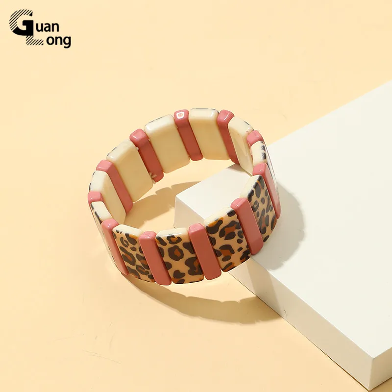 GuanLong Charm Adjustable Leopard Bracelets Bangles For Women ElasticCuff Bracelet Colorful Resin Acrylic Wide Rectangle Vintage