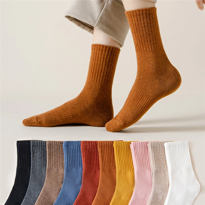 

2 Pairs Women Cotton Long Socks Fashion Youth Girls Casual Stockings Female Autumn Winter Medium Tube Thick Sock Solid 10 Colors