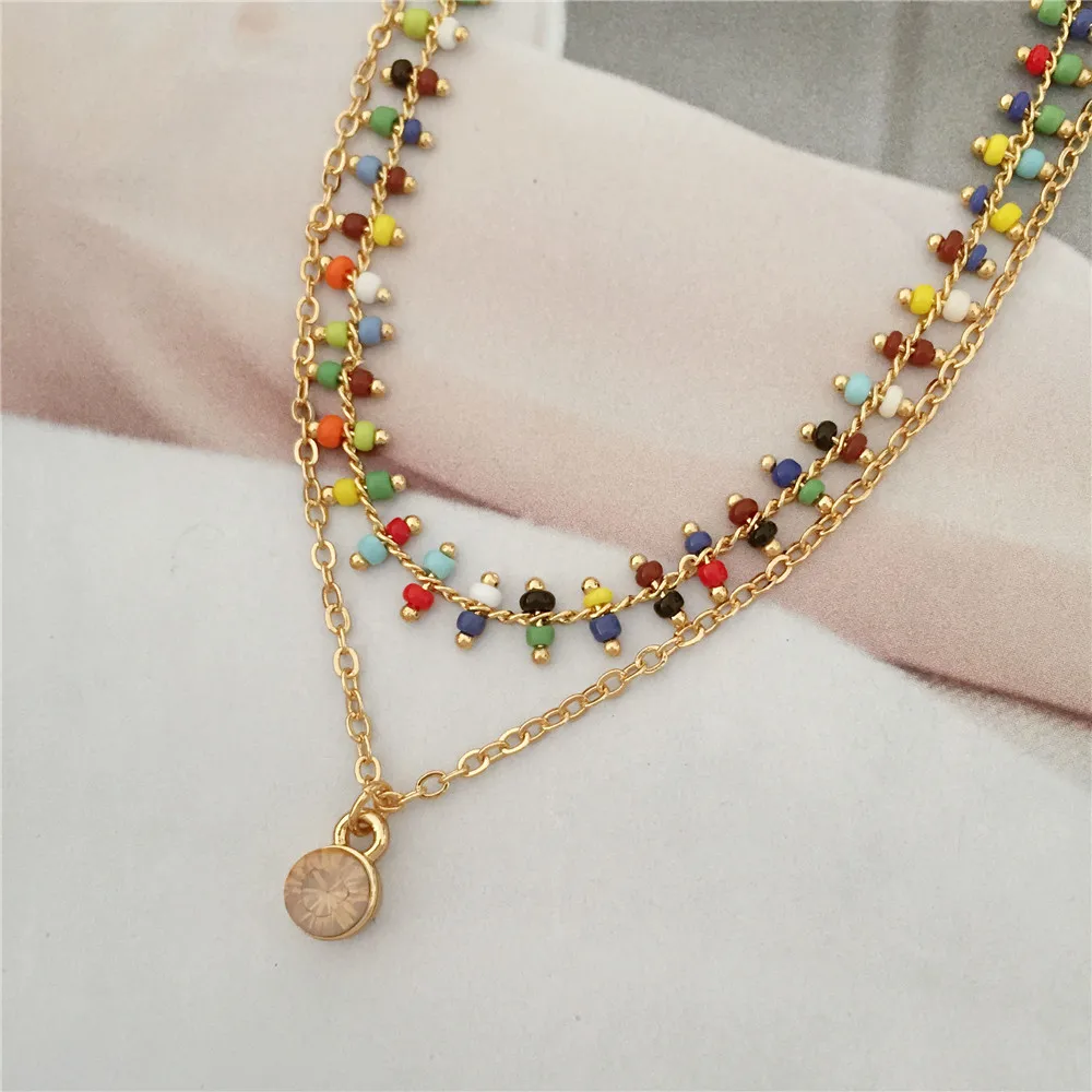 Boho Summer Beach Chic Women Necklace Gold Color Chain Colorful Bead Strand Layered Necklace Peach Stone Pendant Necklace